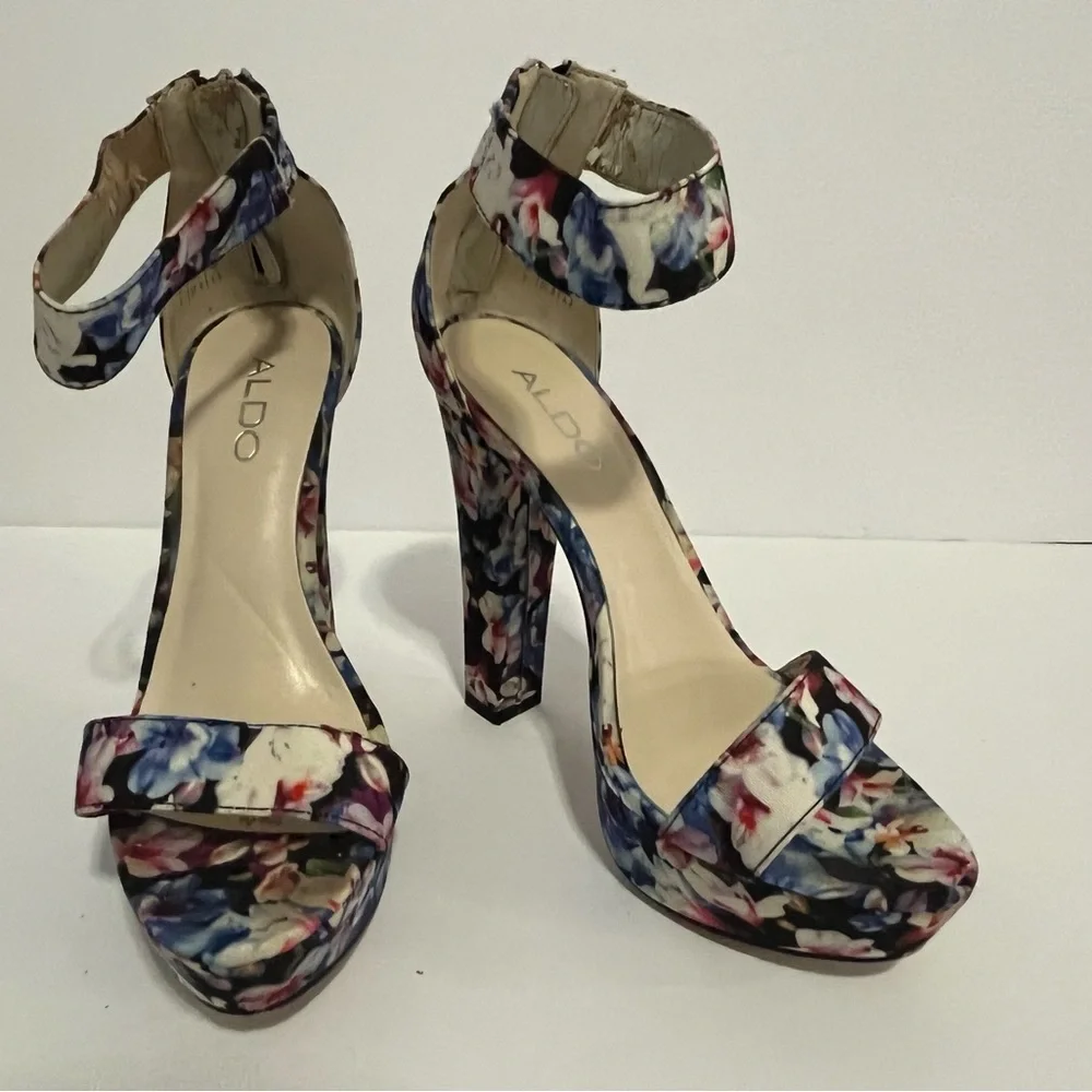 ALDO Floral Print Ankle-Strap Platform Heels - Blue, Pink, White - Picture 4 of 8